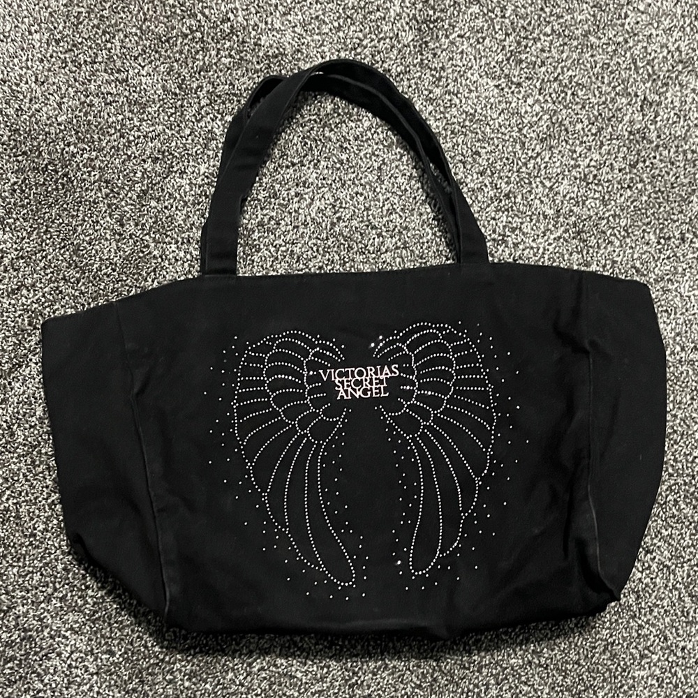 Canvas tote Victoria's Secret Black Tote with Angel Wing metal rhinestone Design